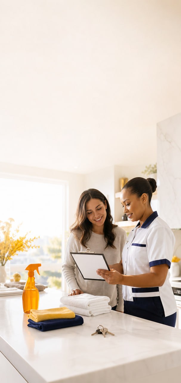 A Purixa agent reviewing the checklist with a client in a bright kitchen
