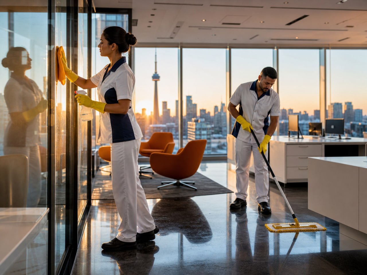 Two Purixa agents cleaning the glass and floors of a downtown office at sunset