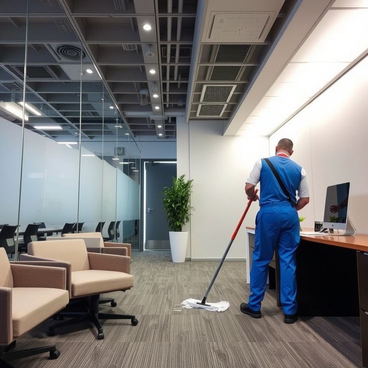 Purixa agent mopping the floor of a glass-walled office